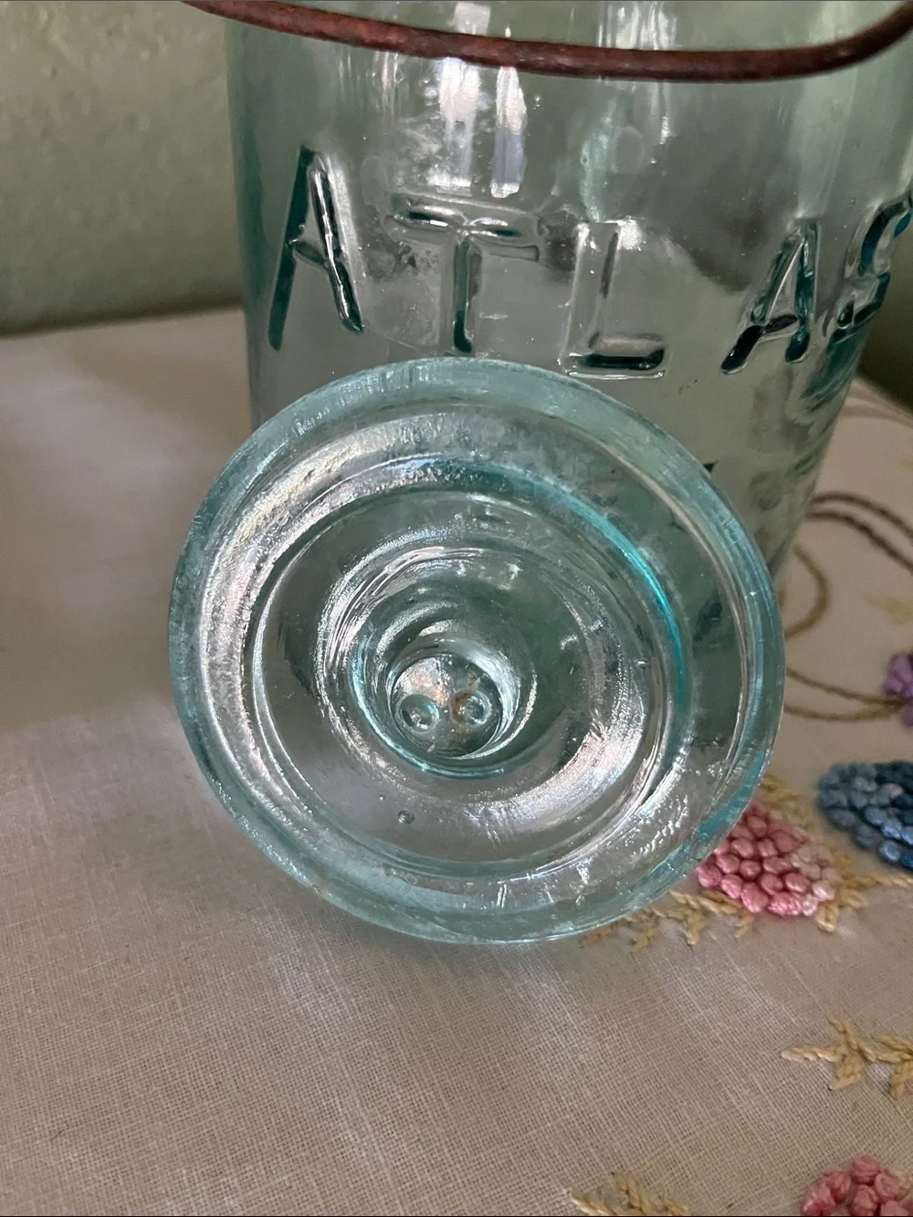 Vintage Atlas E-Z Seal Glass Jar – Light Blue Aqua Glass with Wire Bail